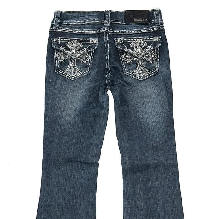 Y2k Retro Gothic High Waited Jeans Hot Diamond Embroidery Pattern Blue Jeans Woman Hip Micro Horn Baggy Jeans Street Clothing