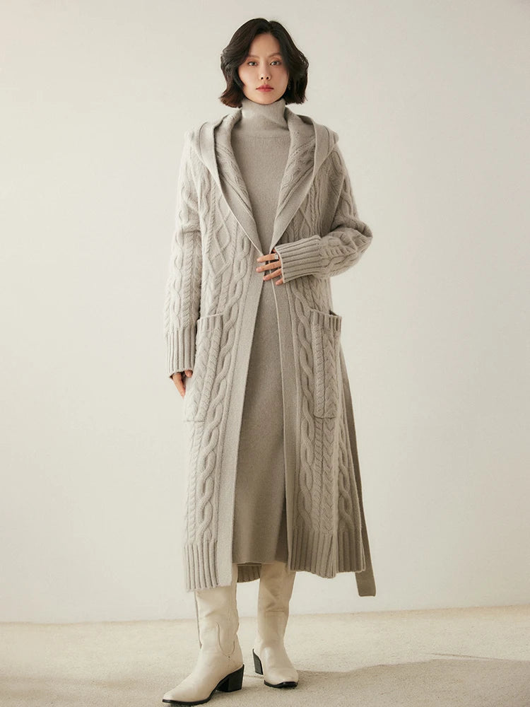 Luxury Women's Autumn Winter 100% Cashmere Sweater Knit Cardigan Thicked Hooded Casual Style Raglan Sleeves Knitted Lace Up Coat