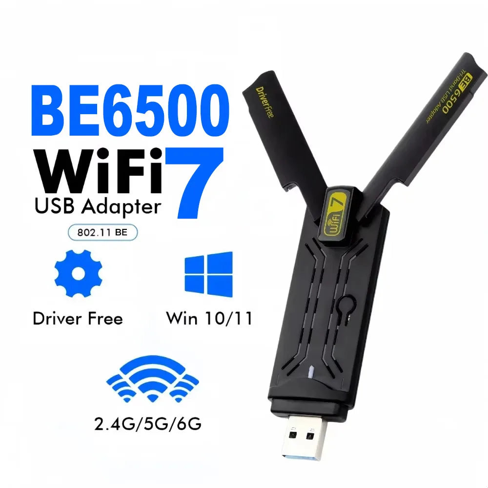WiFi 7 Ethernet Adapter 6500Mbps USB 3.0 Wireless Network Card Triple Band Receiver For PC/Laptop Windows 10/11 Driver Free