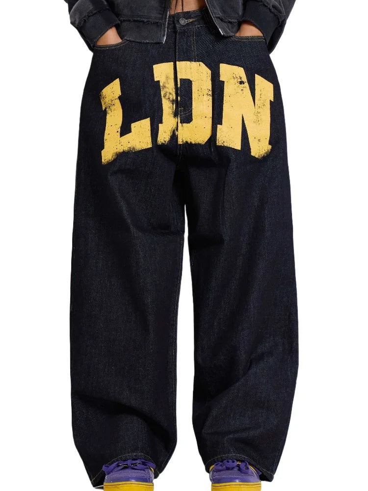 HOUZHOU Vintage Letter Print Jeans Women Black Gothic Y2k Baggy Denim Trousers Retro Hip Hop Grunge Wide Leg Pants Streetwear