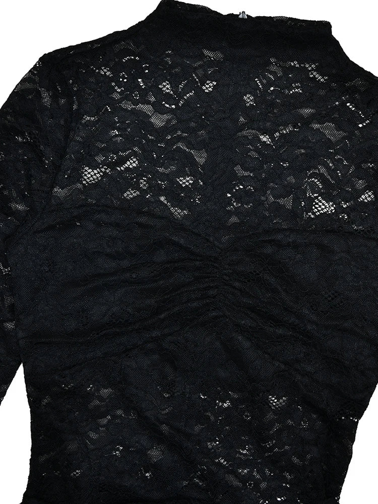 Beyprern Long Sleeve Hollow Out Sheer Lace Midnight Mini Dress Women See-Through Draped Tie-Front Overlay Club Dress Vestidos