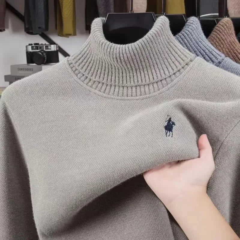 High end brand velvet sweater men's new fashion designer exquisite pony golf embroidery winter warm high neck knitted pullover