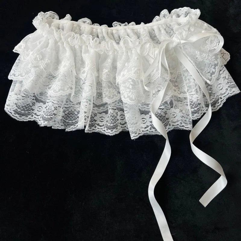 Korean Ins Unique Lace Layered Gauze Skirts Lace Trim A-Line Short Cloth Mini Waist Skirts Harajuku Girl's White Skirts Y2K