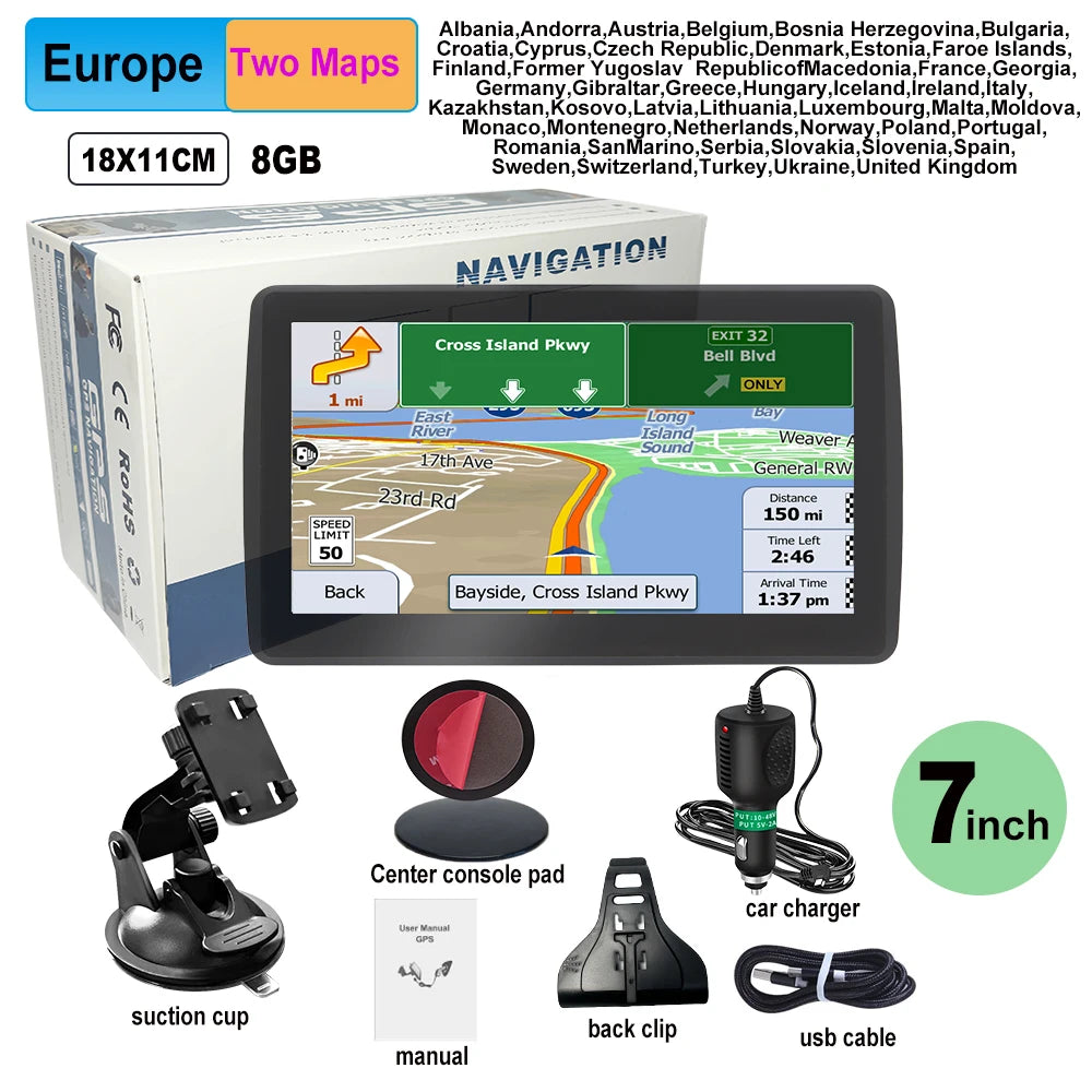 7 Inch GPS Navigation for Car Truck SAT NAV Accessories Tools Navigator 2024 Free Update Europe North America Map 8GB FM Music