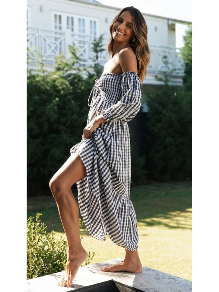 Fashion Print Off Shoulder Women's Plaid Dress New Autumn Fashion Elegant Party Casual Dresses Femlae Holiday Robe Femme