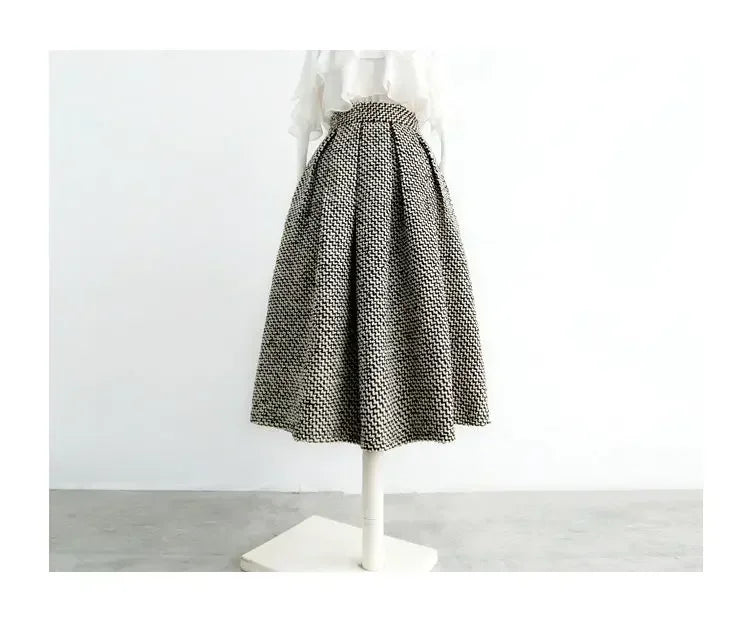 2025 New Fashion Tweed with Pocket Knee Length Skirt Winter Women Vintage Thickened High Waist Pleated A-Line Skirts Faldas
