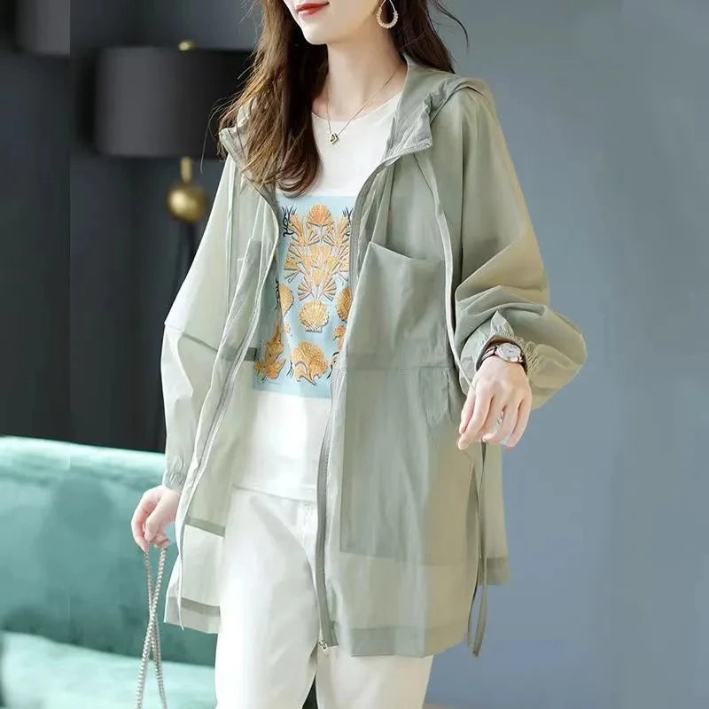 Summer Sunscreen For Women 2025 New Drawstring Waist Mid-length Thin Windbreaker UV Protection Cardigan Lightweight Trench Coat