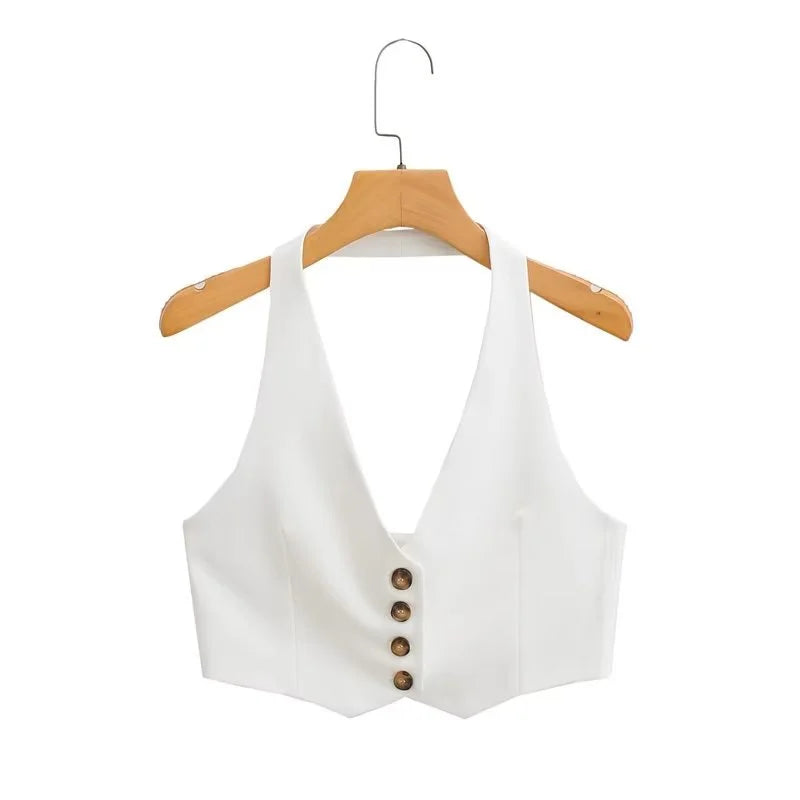 KEYANKETIAN Summer New Single-Row Buttoned-Up Hanging Neck Ultra Short Waistcoat Vest Women's Casual Backless Suspender Top