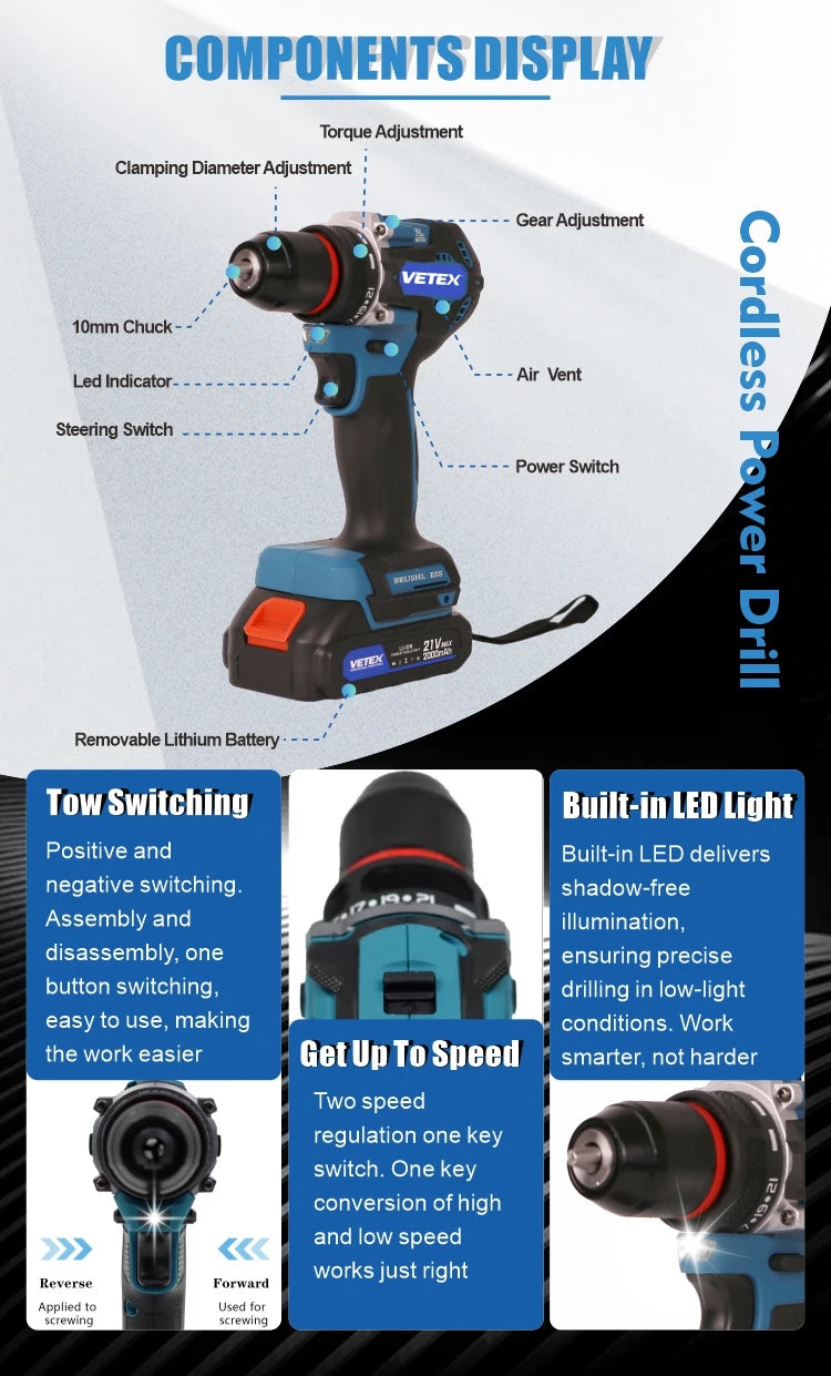 Top 3 Power Tools Combo: 21V Brushless Drill, Impact Wrench, Angle Grinder With Fast Charging Durable 2000mAh Battery Tool Kit