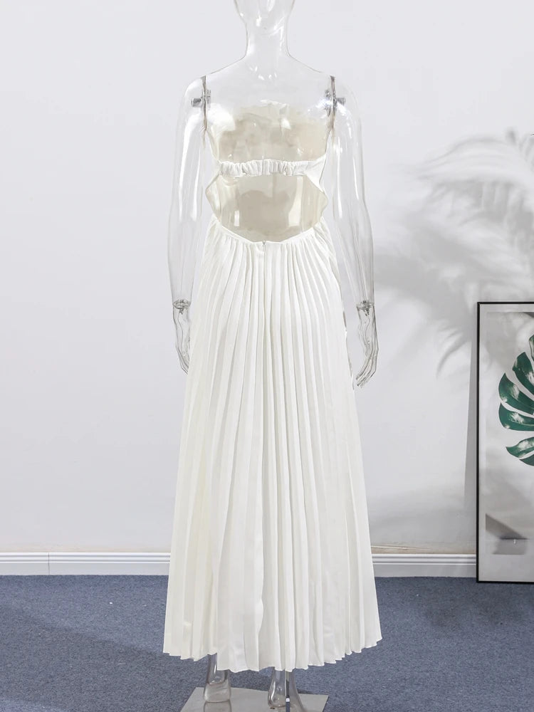 Sexy White Pleated Strapless Dress Women Sleeveless Backless Slim Split Dresses Female 2025 Simmer Lady Party Holiday Robe