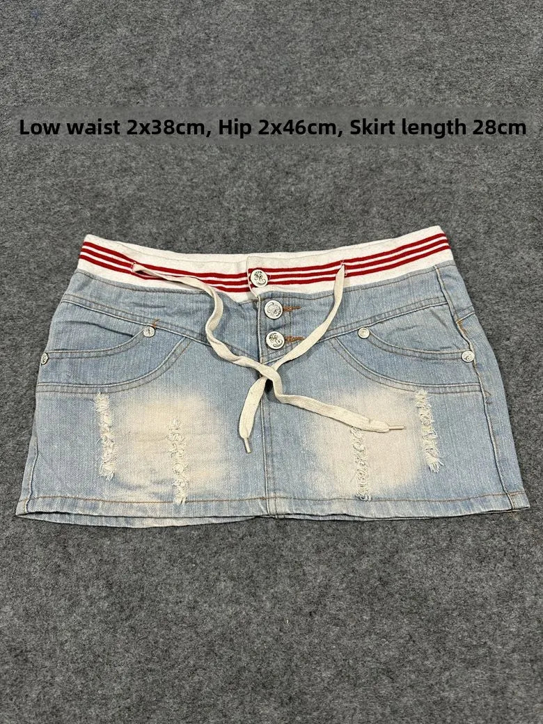Sexy American Vintage Low Waist Denim Skirt for Students Z4 Antiquing Y2K Trendy ort Skirt with Handmade Ripped And Fo...