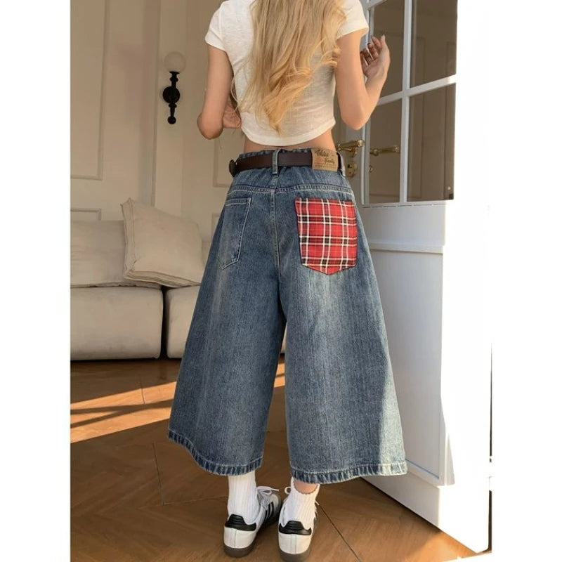 American retro plaid pocket wide-leg short jeans for women loose and casual straight high waist slimming men and women pants
