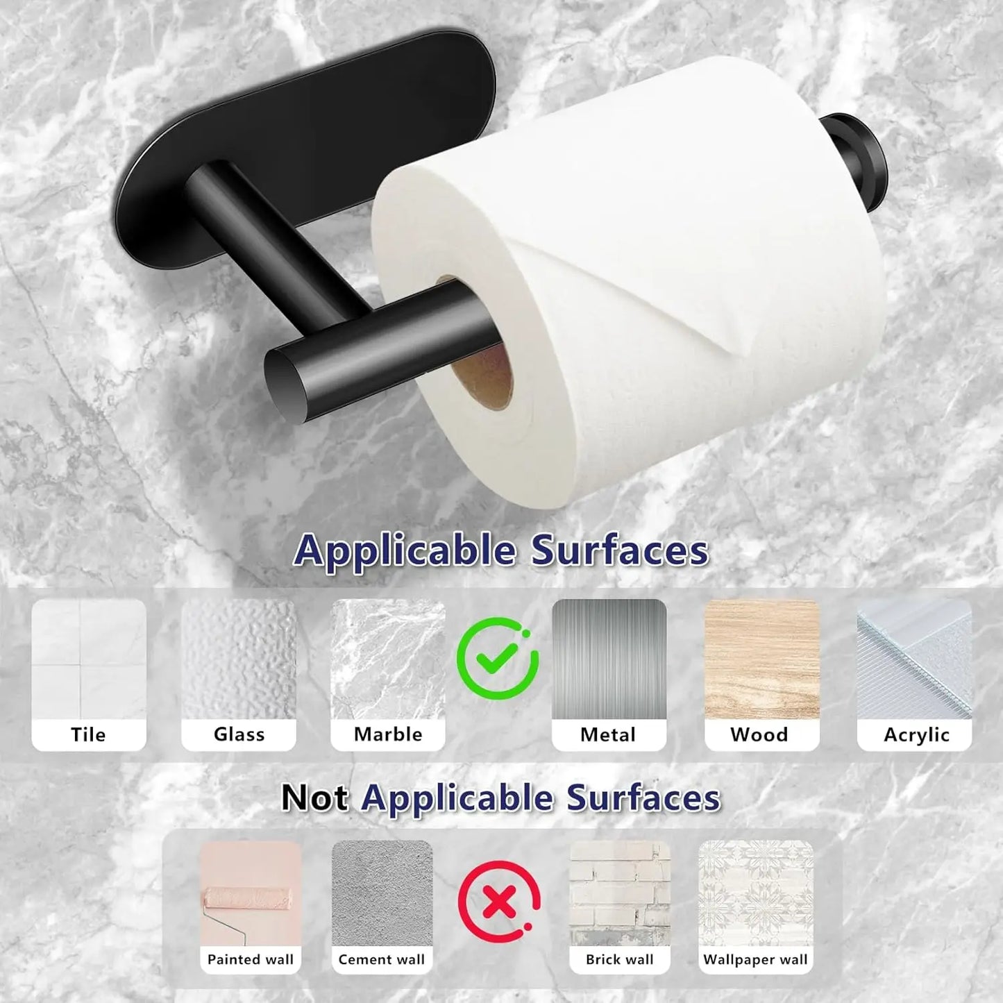 Black No-Drill Toilet Paper Holder - Self-Adhesive Plastic Waterproof for Bathroom & Kitchen