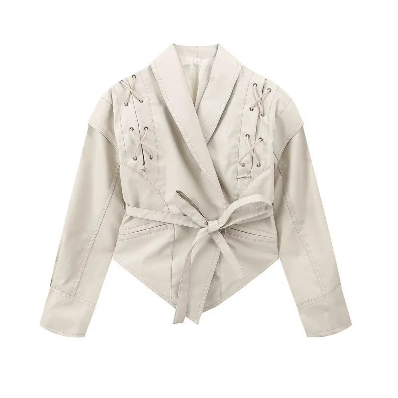 Street Solid Color Lace Up Leather Jacket Woman Waist Cinching Long Sleeves Lapel Coat Casual Versatile Women's New Chic Jackets