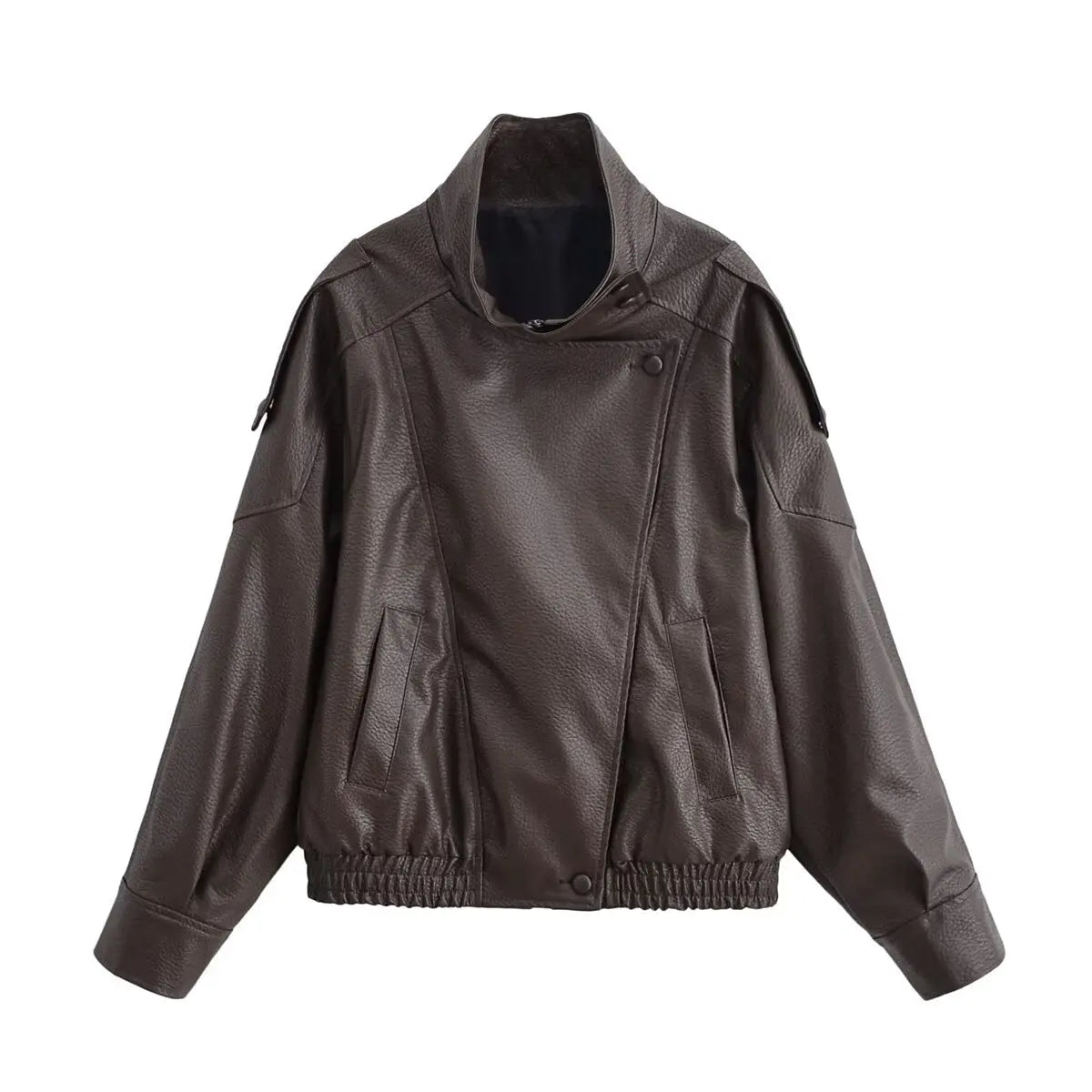 HH Street Fashion Asymmetric Leather Jacket For Women Long Sleeves Zipper With Pockets Turtleneck Autumn Retro Loose Coats