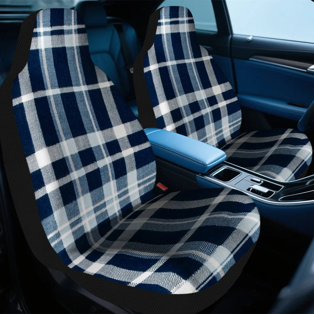 Set Of 2 Universal Car Seat Covers In Blue And White Plaid Design Suitable For Most Vehicles – Fashionable, Long-Lasting, Premiu