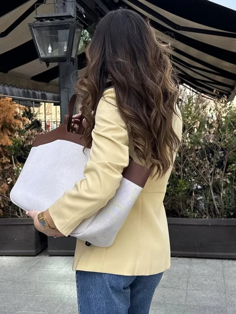 HH 2025 Elegant Women's Yellow Slim Blazer Jacket Female O-Neck Long Sleeve Single Breasted Suit Coat Lady Office Streetwear