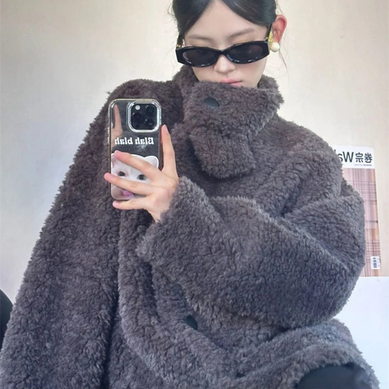 Women Faux Wool Coats Winter Thick Stand Collar Loose Casual Preppy Sweet Jacket Japanese Long Sleeve Button Vintage Outwear New