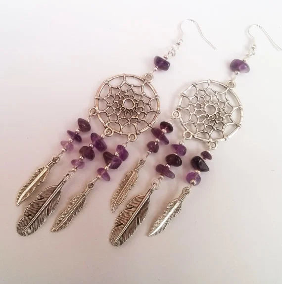 Amethyst Dreamcatcher Earrings , Dream Catcher Earrings , Amethyst Earrings , Tribal Jewelry , Purple Earrings , Handmade