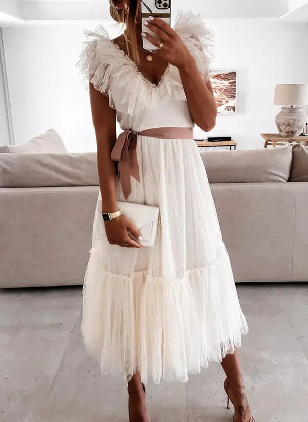 2025 Summer Women's Solid Color V-neck Ruffled Belt Short Sleeve Lace Party Dresses Birthday Dress for Female 3XS-10XL 9XL 8XL