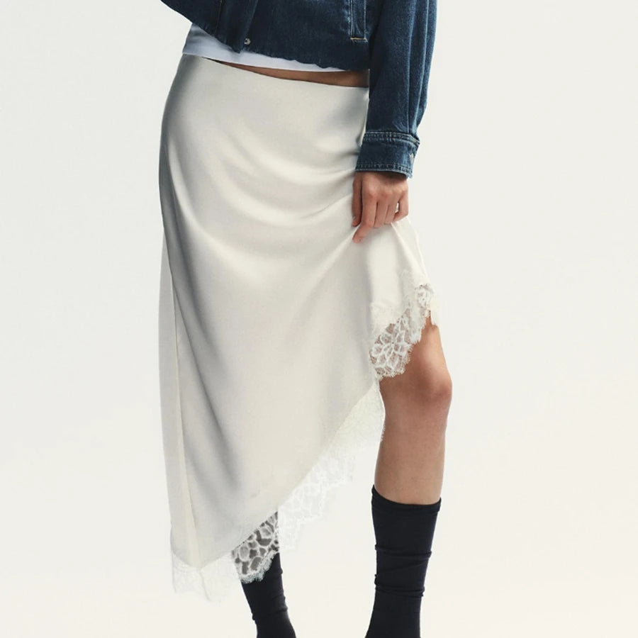 Luxury Women Asymmetrical Soild Color Midi Skirts Casual Elegant Lace Hem Santin Skirt for Beach Vacation Office