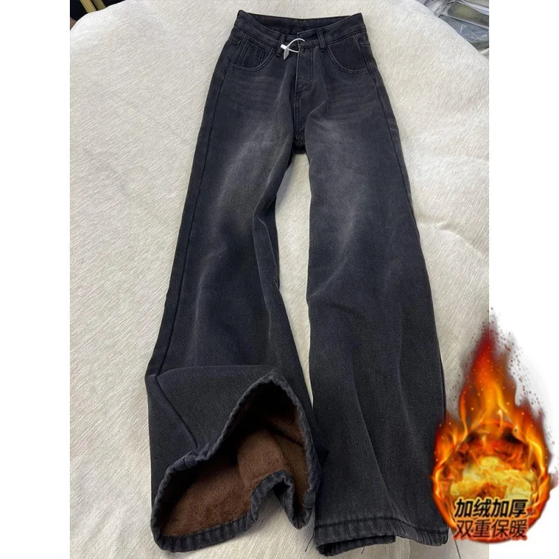 American High Street INS Trendy Wide Leg Jeans for Women Autumn Winter Plus Velvet Thick High Waist Loose Narrow Straight Pants