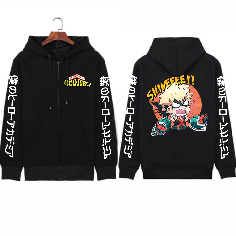 Japan Anime My Hero Academia Unisex Black Long Sleeve Zipper Hoodies Funny Katsuki Bakugou Cartoon Casual Men Winter Coats