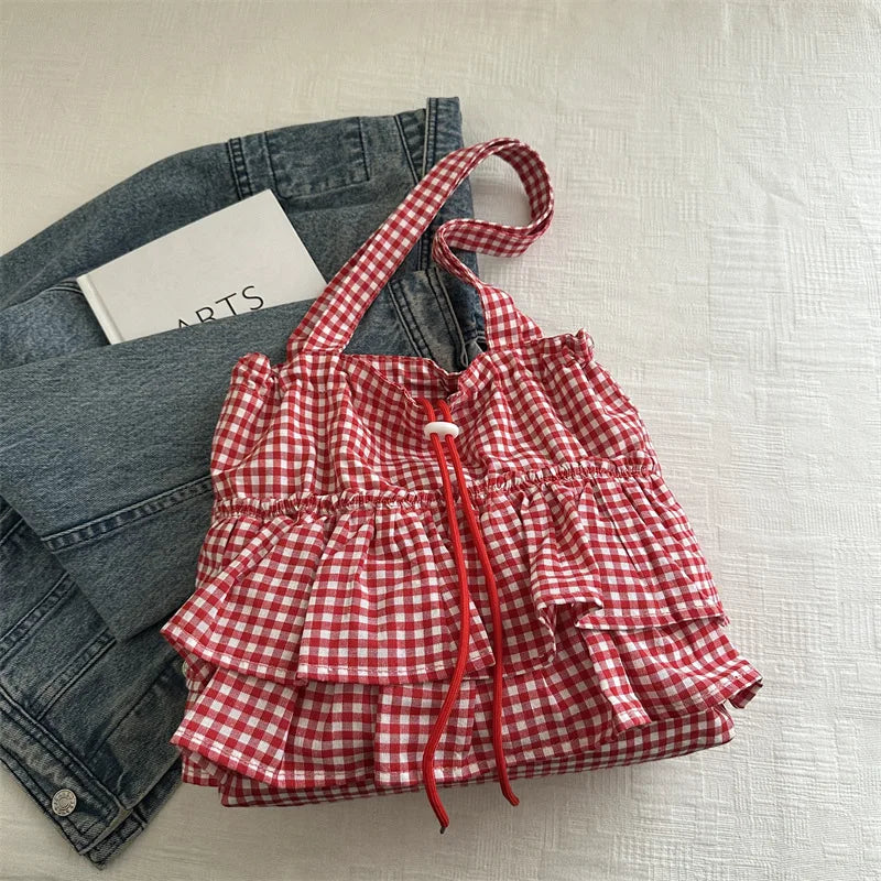 Women's Tote Bag Ruffles Plaid Drawstring Handbag Women Fashion Canvas Shoulder Bags Large Capacity Korean Bags Bolsos De Mujer