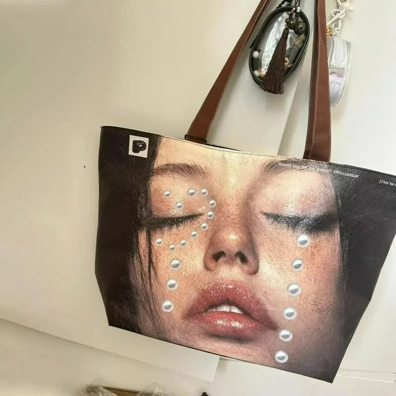 New Stylish Large-capacity Waterproof Shoulder Bag - Creative Women's Face-print Handbag - DuPont Paper Large Shopping Bag