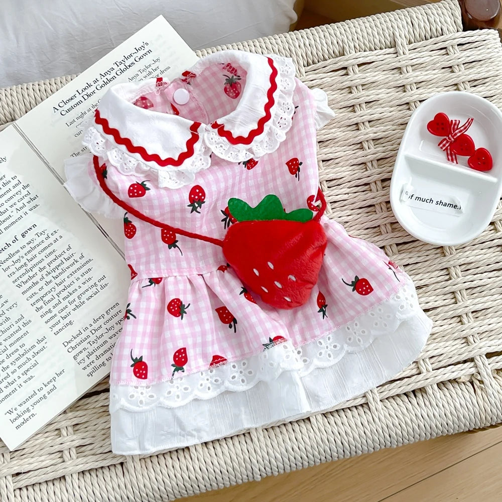 2025 New Puppy Clothes Dog Dress Plaid Maid Pet Costumes Red Pink Cat Strap Girl Female Pet Skirt Lace Summer Spring Puppy Wear