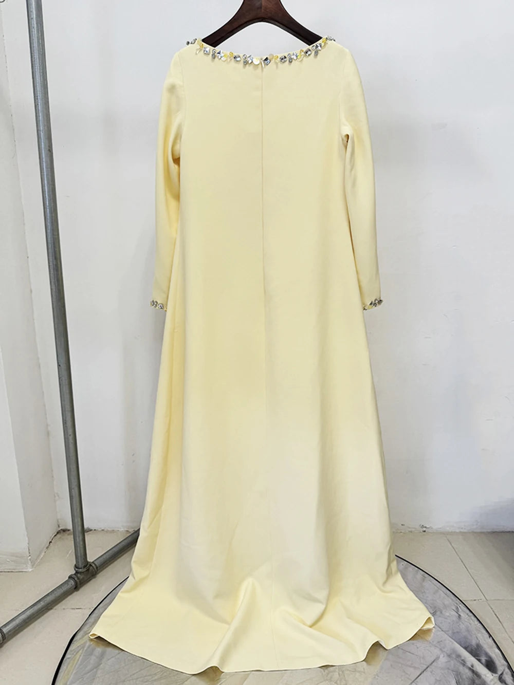 Modphy Loose Solid Crystal Bead Elegant Chic Dresses For Women Round Neck Long Sleeve Solid Long Maxi Dress Female