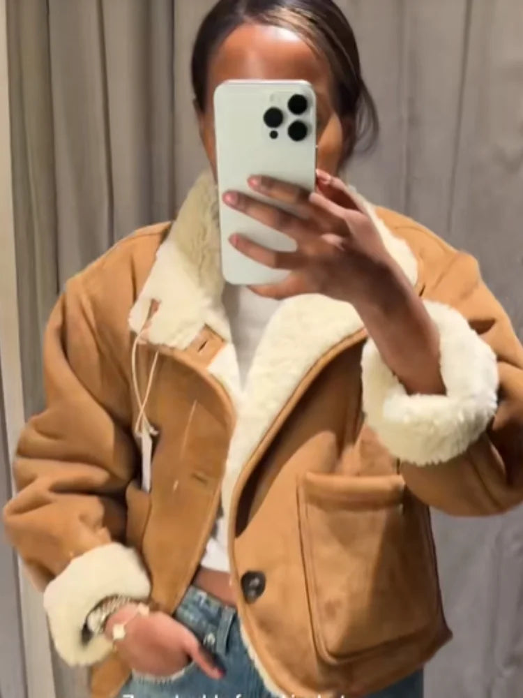 Casual Reversible Lamb Wool Coat Women Stand Collar Single Breasted Pocket Loose Short Warm Jacket Lady Commute Office Jackets