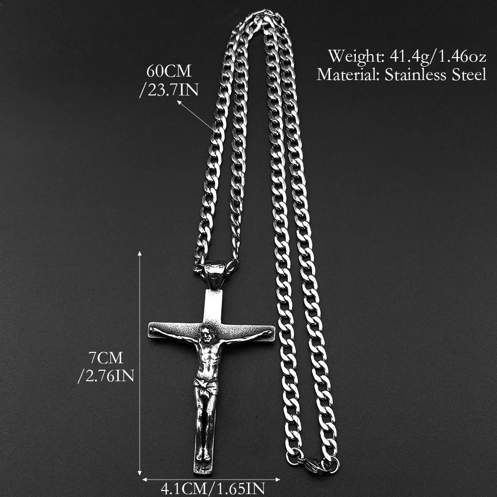 Stainless Steel Christian Jesus Cross Crucifix Pendants Necklaces for Men Women Silver Color Chain Necklaces Jewelry Gift