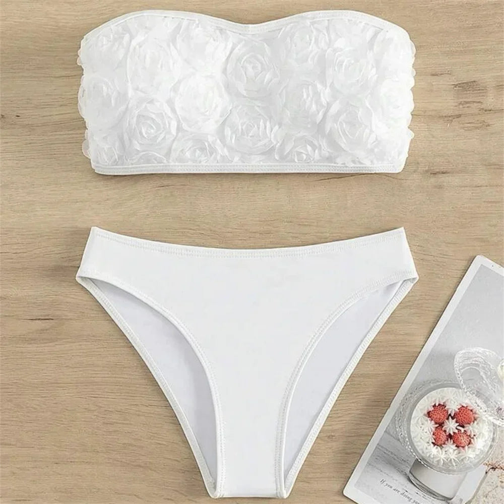 Sexy Flowers Bikini White Y2K Bandeau Swimsuit Push Up Bathing Suit 3D Floral Swimwear Women Highwaist Beach Set Vacation Outfit