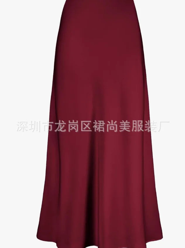 2025 Elegant Faux Silk Satin Skirts for Women High Waist A-line Office Lady Solid Color Glossy Finish Fishtail Skirt