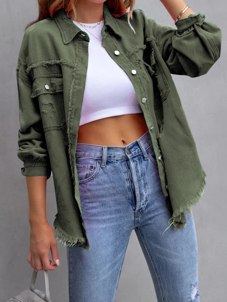 Spring Autumn Denim Women's Jacket Rough Selvedge Ripped Loose Fit Long Sleeve Korean Fashion Female Top
