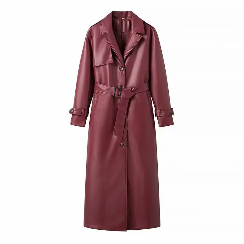 Vintage Pu Leather Extra Long Trench Coat Women Lapel Single-breasted Overcoat With Belt 2025 New Autumn Winter Lady Outwear