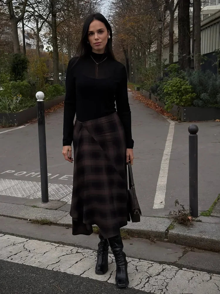 Casual Brown Plaid Midi Skirts Woman Fashion High-waist A-line Pleaded Skirts Party Daily Outdoor Trendy Attire 2026 Spring New