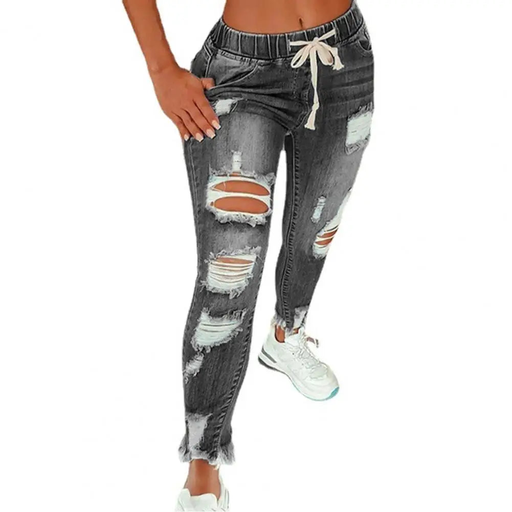 Popular Pencil Jeans Streetwear Women Jeans Slim Slim-fitting All Match Denim Pants Elastic Waist