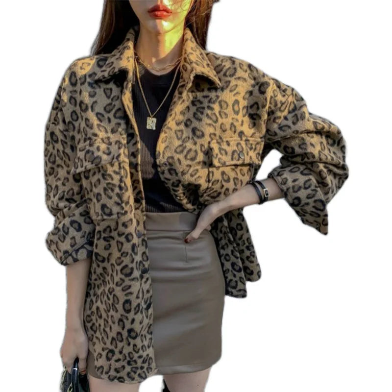 Retro Leopard Print Woolen Coat Women's Autumn Winter Thiened Loose Design Sense Faionable irt Collar Button up