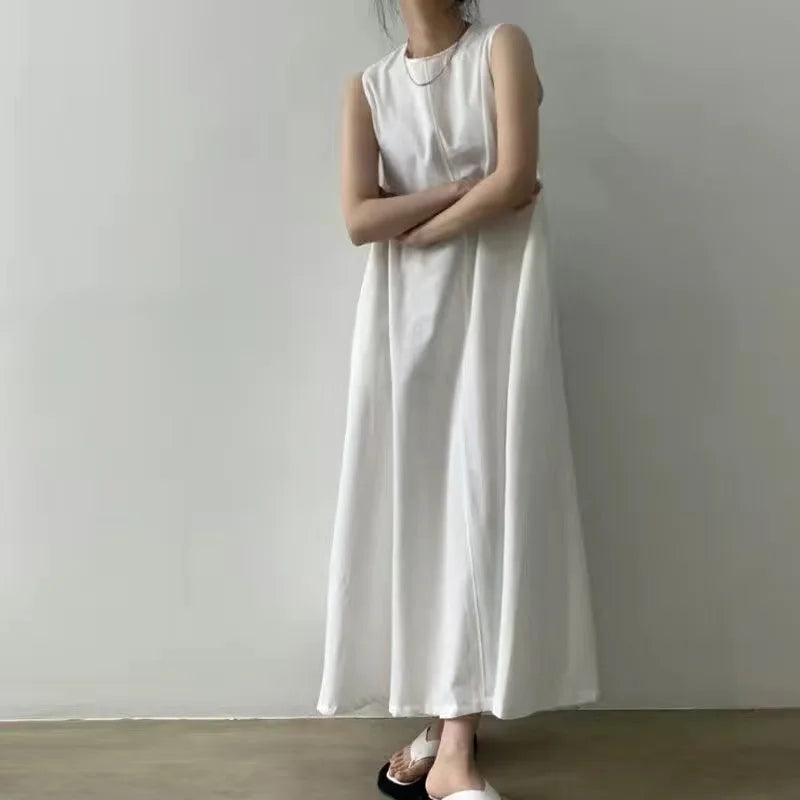 2022 Minimalist Chic Loose Swing Sleeveless Mid-length Casual Cotton Linen Long Dress Round Neck High Waist Women Runway Dress
