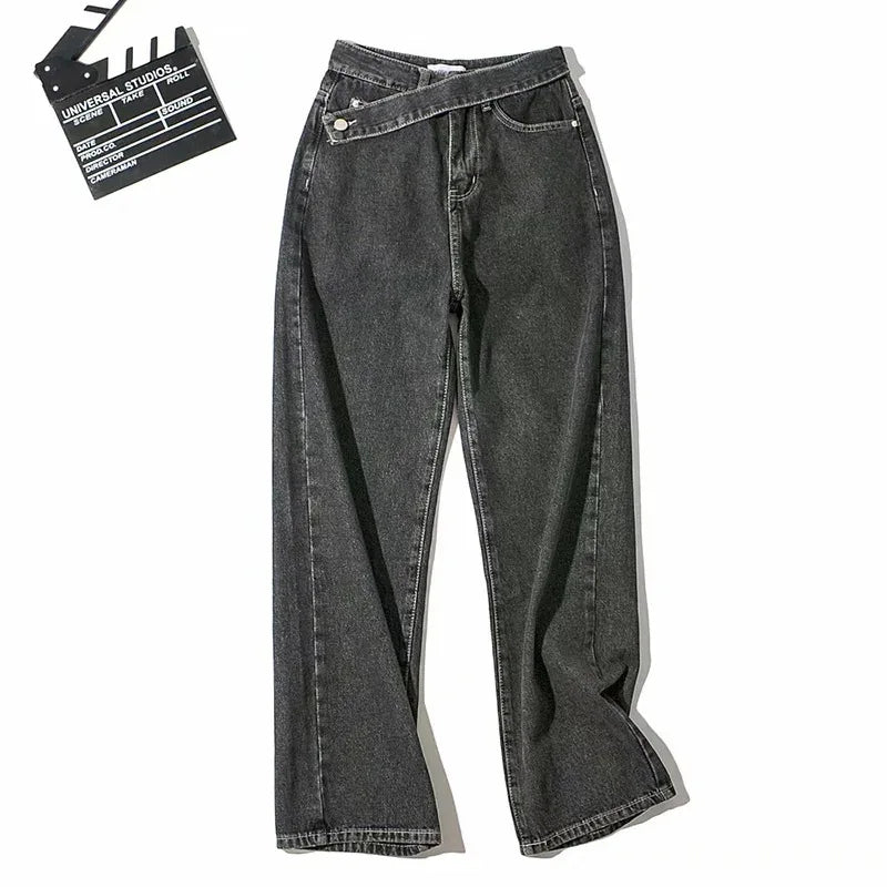 Spliced Wide Leg Denim Pants Women Ankle Length Jean Solid Loose Pockets High Waist Washed Vintage Jeans Zipper Fly Basics 2024