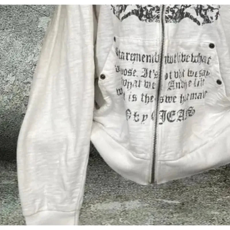 Vintage Sweatshirts 2024 Women's Clothes White Print Tunic Hooded Y2k Coat Streetwear Fashion Casual Hoodies Tops Ropa Mujer