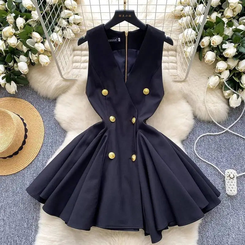 XFPV Women's Mini Dress New Elegant V-neck Sleeveless Button Zipper Folding Fashion Evening Party Clothing Female 22D1613