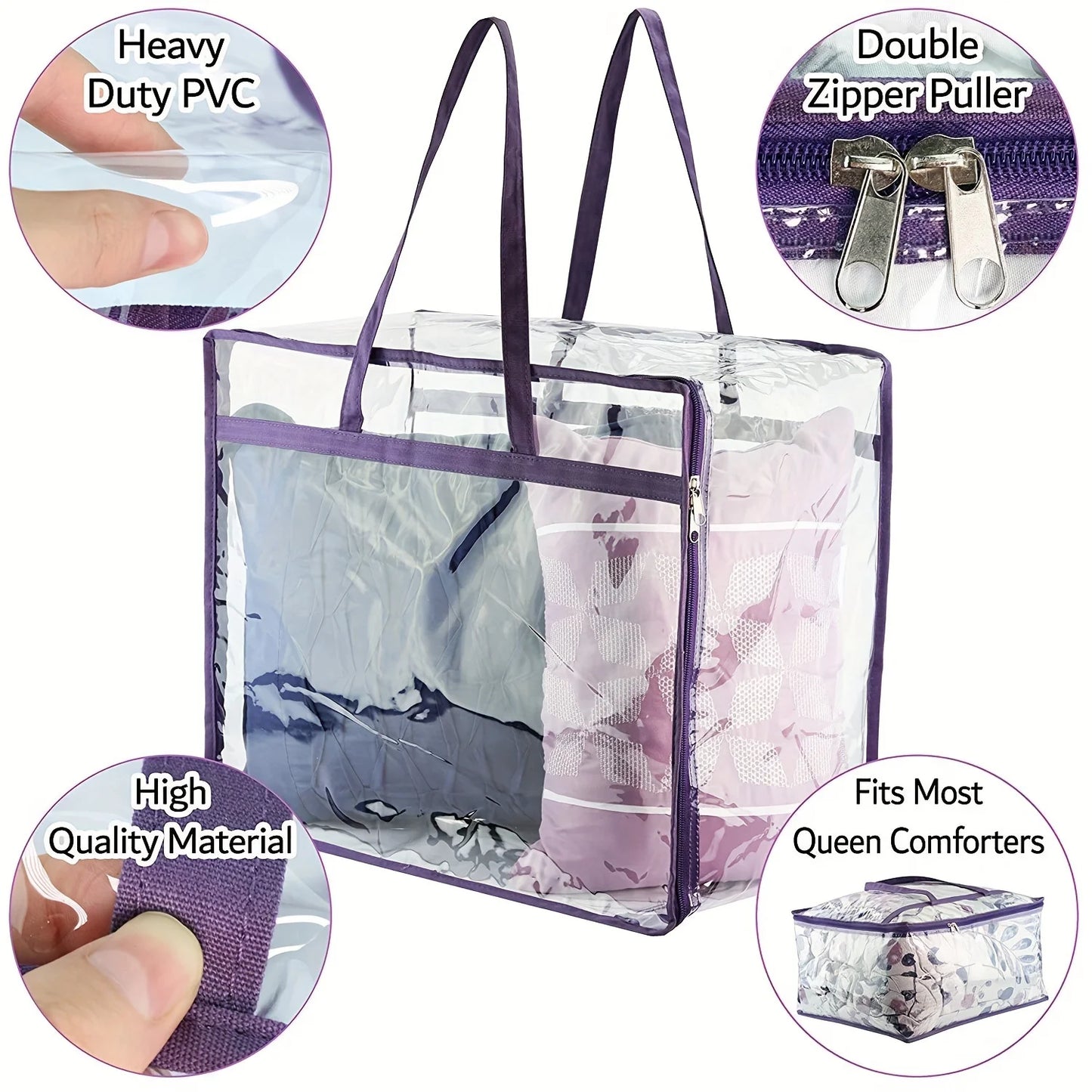 1pc Clear Zippered Storage Bags - Plastic Vinyl, Reinforced Handle, for Blankets, Clothes, Comforter, Bedding, Moving
