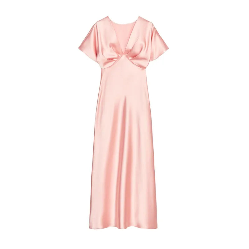 Elegant Satin Solid Long Dress Women V-neck Short Sleeve Pleated Slim High Waist Dresses 2025 Summer Lady Party Evening Robes