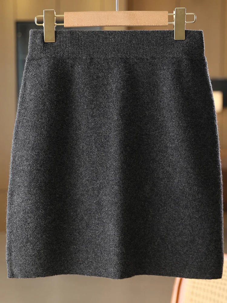 Women Wool Skirts Autumn Winter Office Lady Mini Slim Fit Skirt Elastic Waist 100% Merino Wool Knitted Cashmere Above Knee Dress