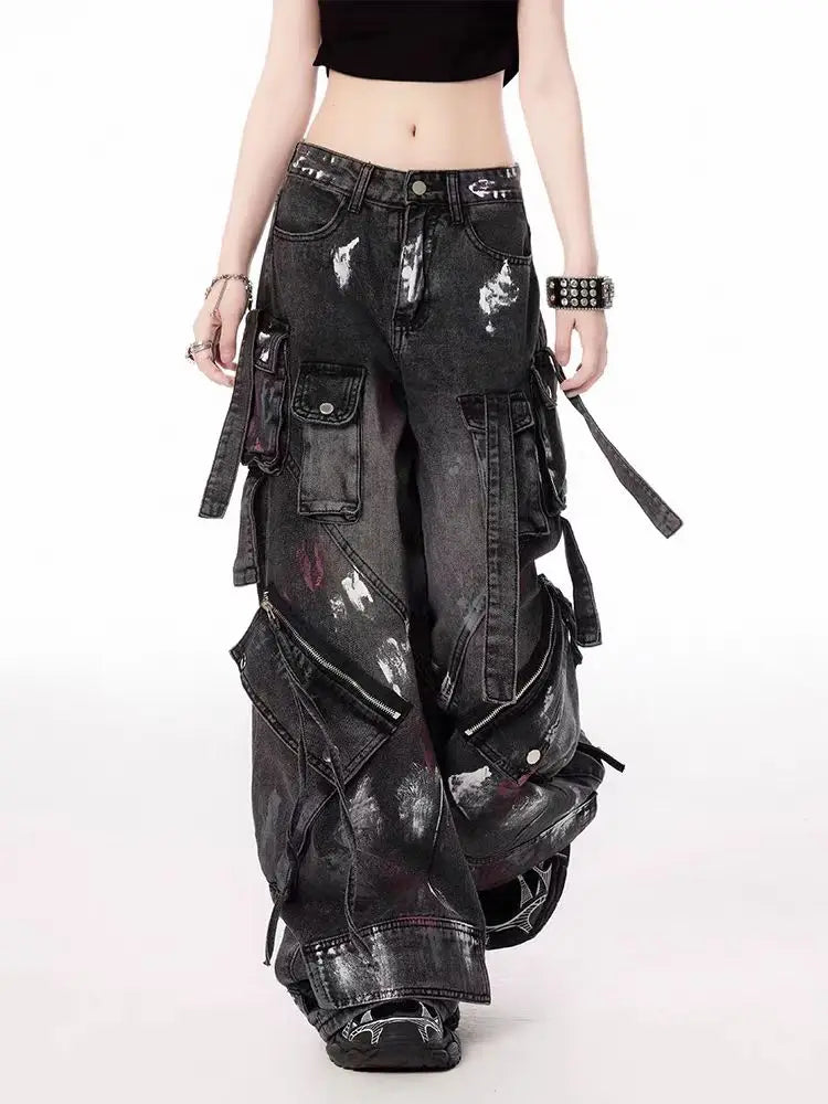 American Street Oversize Washed Retro Heavy Industry Motorcycle Jeans Women Low Waist Slim Fit Distressed Pleat Scratched Jeans