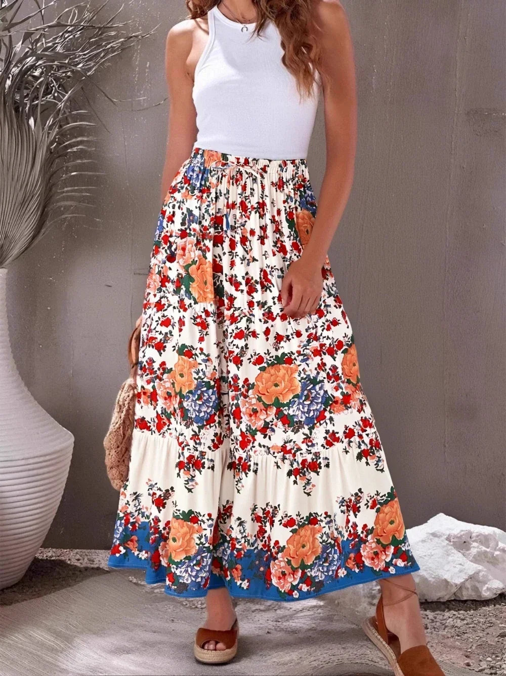 Vintage Chic Fashion Women Beach Bohemian Floral Print Hippie Skirt High Elastic Waist Gothic Holiday Boho Maxi Skirts Femme