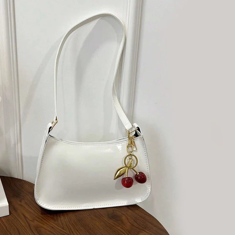 Solid Color PU Leather Women Shoulder Bags Fashion Ladies Cherry Pendant Handbags Purse Casual Design Female Hobos Underarm Bag